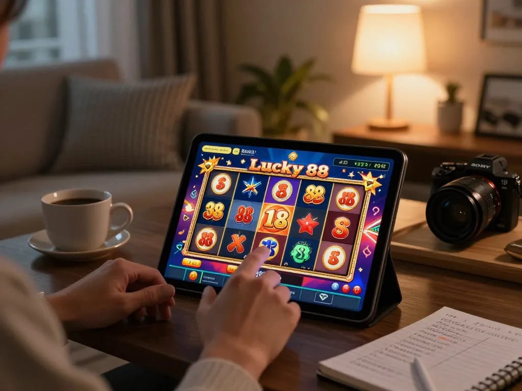 Player enjoying the Lucky88 slot experience on tablet at home, showcasing responsible gambling strategies.