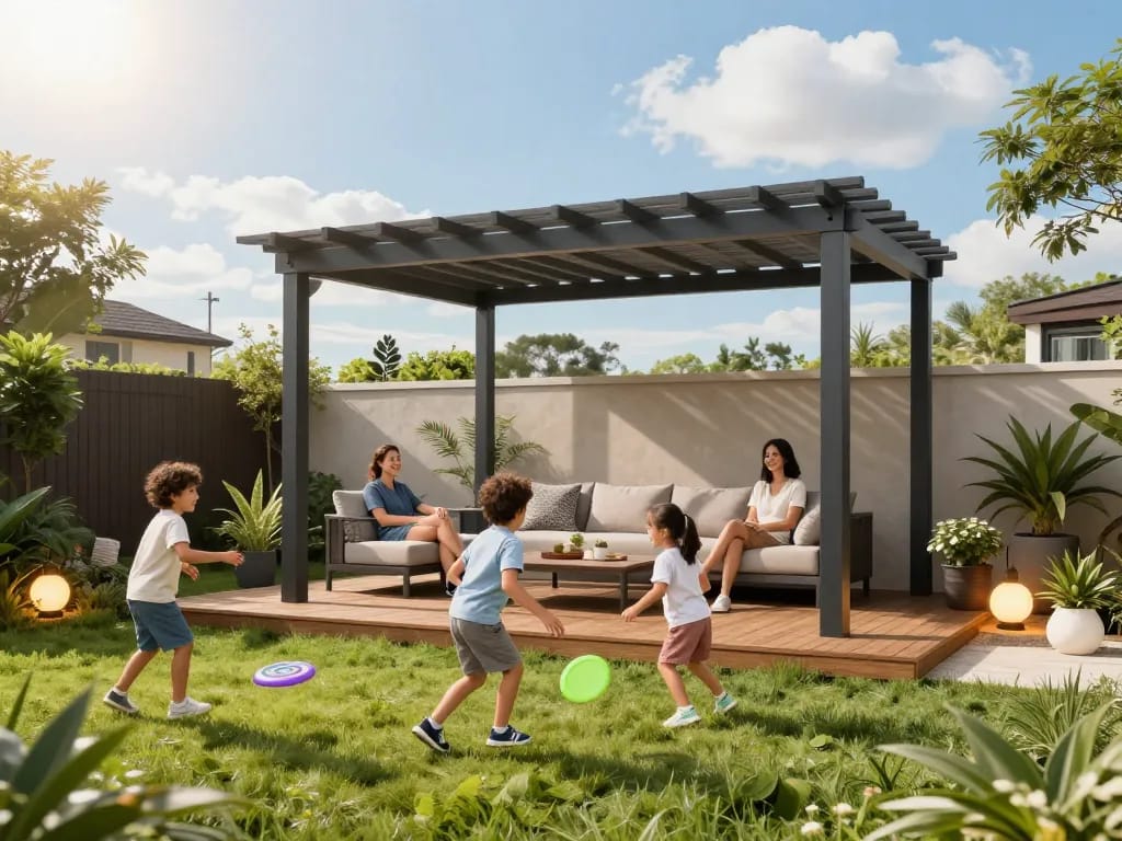 Modern 3D pergola in a vibrant backyard with family enjoying sunny outdoor living.