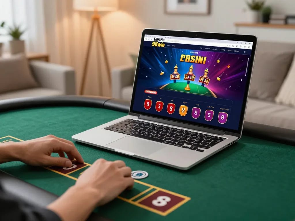 Player engaging with nhà cái 98win on a laptop while gambling at home.