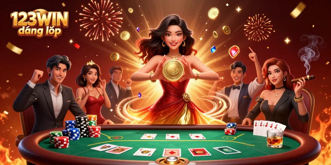 Engage in dynamic gaming with 123WIN đăng nhập while experiencing festive casino excitement from vibrant characters and elements.