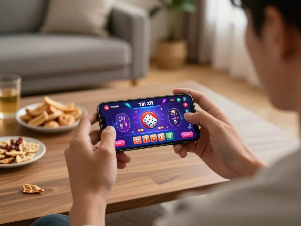 Play app tài xỉu online on a smartphone showcasing betting options in a cozy home environment.