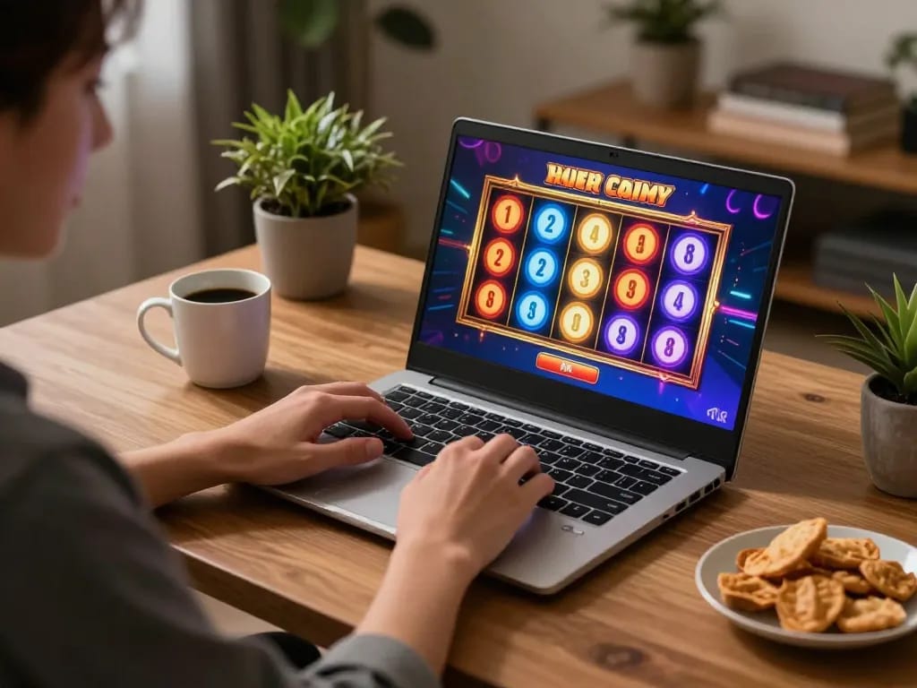 Engaging in online slots gaming at home, illustrating hk-themed gameplay action in a relaxed environment