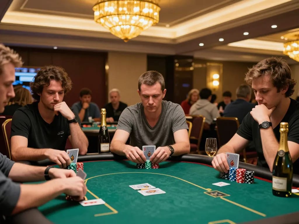 Players engaging at a luxury poker table, showcasing tension and strategy at lc88 casino.