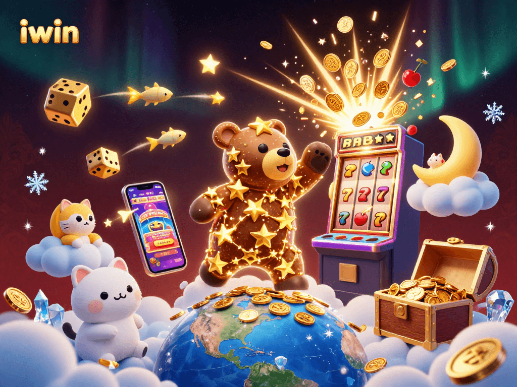 Spin to win with iwin: a dynamic 3D casino scene featuring vibrant slot machines and sparkling coins.