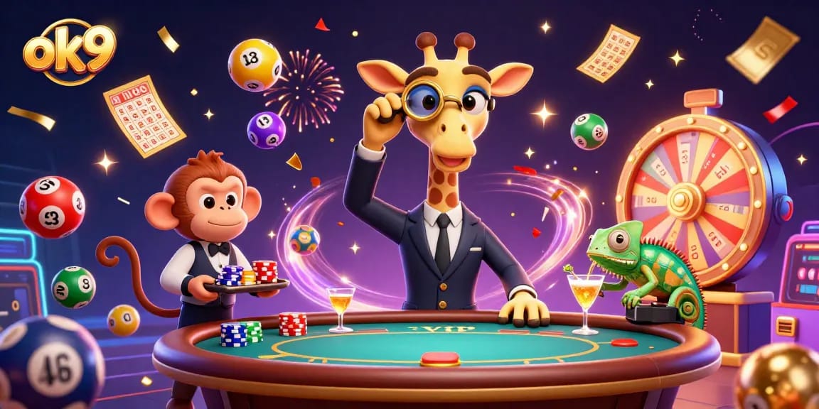 Experience excitement at ok9 with vibrant lottery elements, a high-roller giraffe, and dynamic casino action.