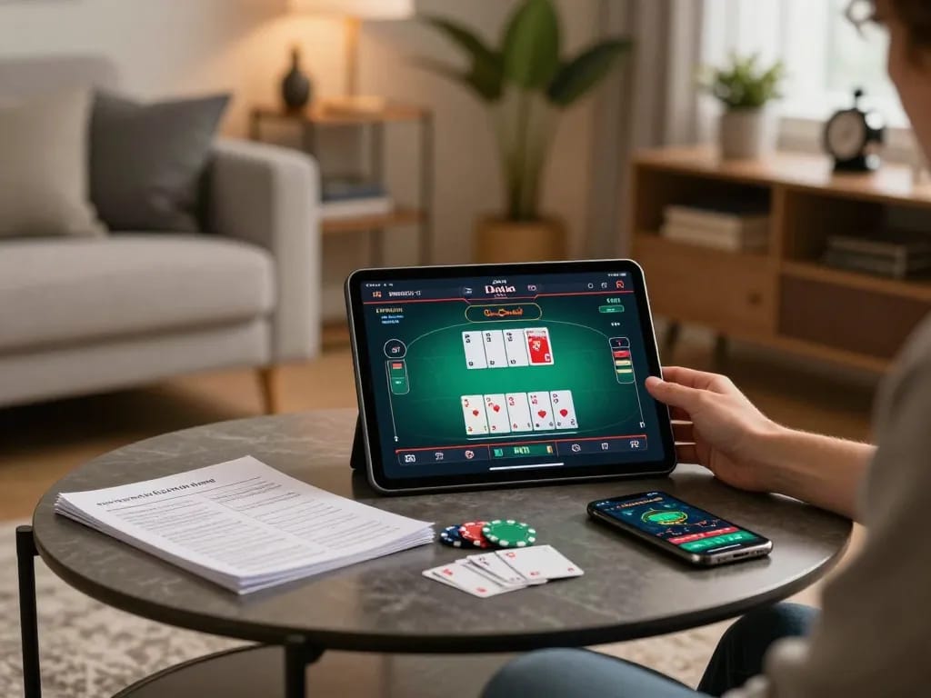 Engaging online poker experience with a player analyzing their DA88 strategy on a tablet in a cozy home setting.