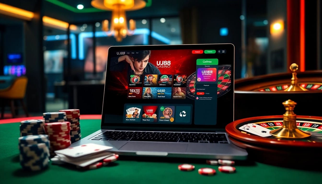 Experience the excitement of gambling at UU88 with casino tables and vibrant poker chips.