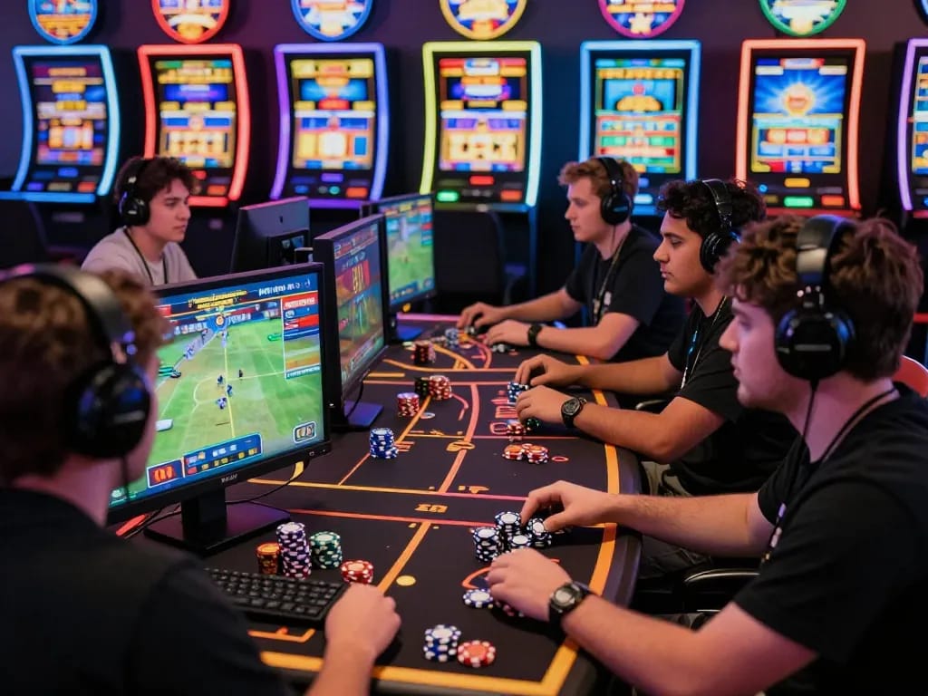 Players enjoying MMOO gaming experience in a vibrant online casino atmosphere