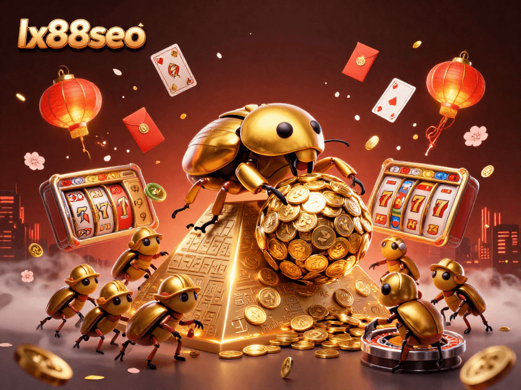 Experience excitement with lx88seo as a golden beetle rolls coins in a vibrant casino scene.