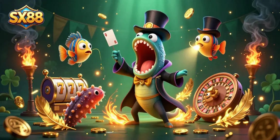 SX88's bioluminescent eel performing amazing card tricks in a vibrant casino-themed scene