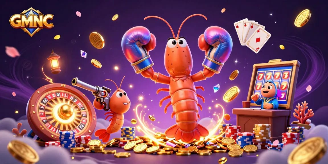 Engage with GMNC's vibrant gaming scene featuring dynamic 3D characters amidst cascading coins and roulette action.