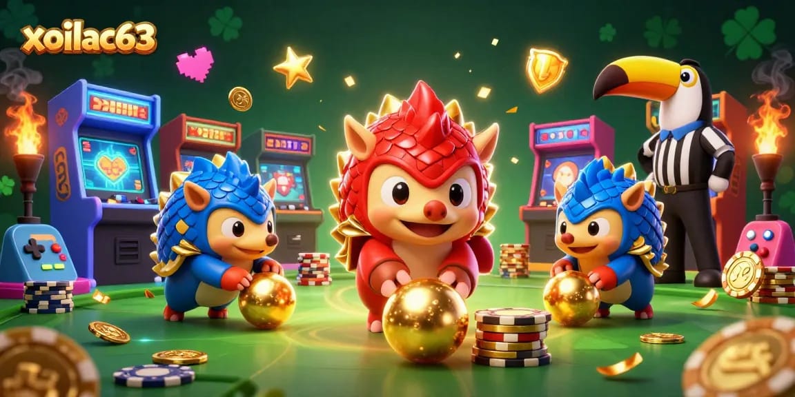 Experience thrilling gameplay with xoilac63 as pangolins bowl through poker chips in a vibrant casino scene.