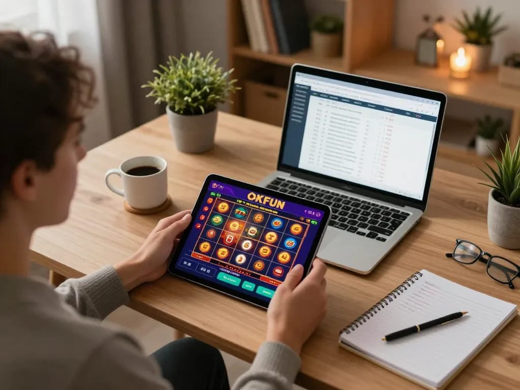 Play an engaging game on the Okfun app with a cozy home setup and strategic notes visible.