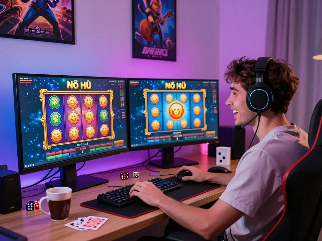 Nổ Hũ player enjoying a thrilling gameplay experience at a modern home office setup.