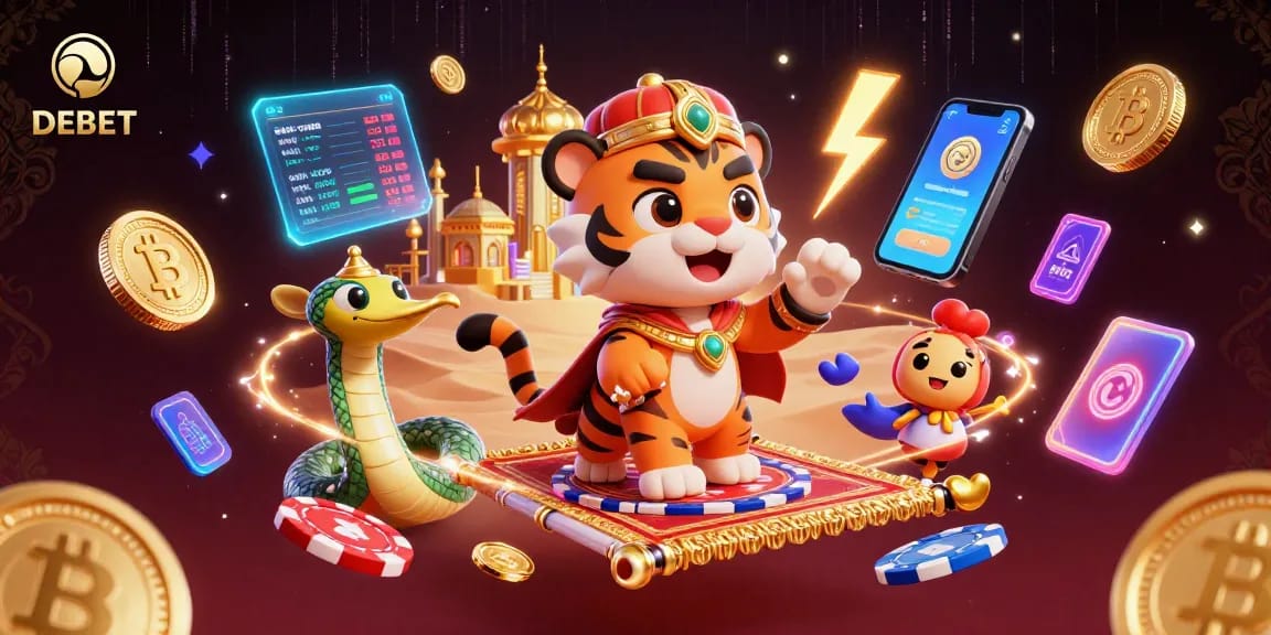Engage with DEBET's thrilling online gaming world, featuring a magical sultan and glowing cryptocurrencies.