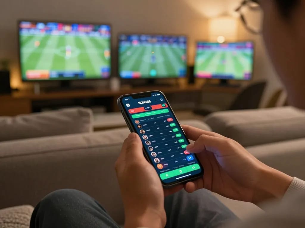 KONG88 sports betting app on smartphone, showcasing live odds and matches in an engaging home setting.