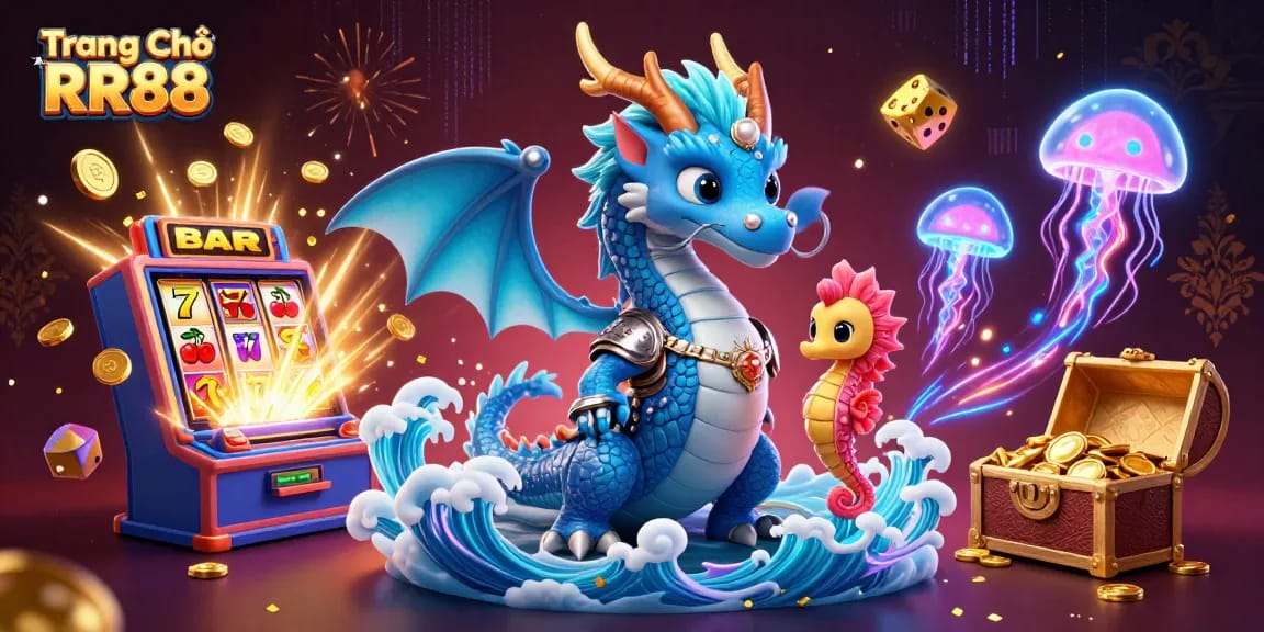 Experience the excitement of Trang Chủ RR88 with a vibrant casino-themed illustration featuring a winning slot machine and dynamic characters.