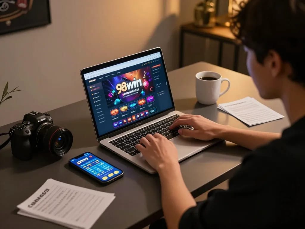 Engaging in gameplay on the 98win com online casino platform from a cozy home setup.