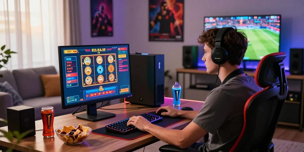 Engaged player enjoying HM 88 online gaming experience at a sleek desk with vibrant casino games.