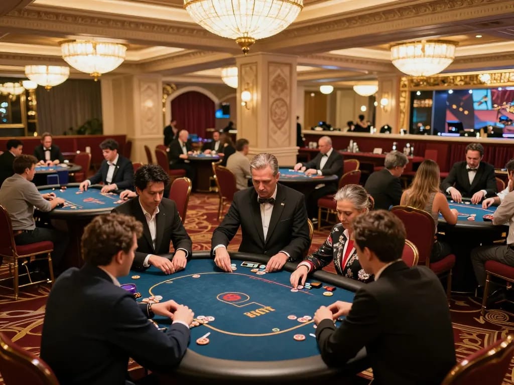 F168 engaging players strategizing at poker tables in an upscale casino environment.