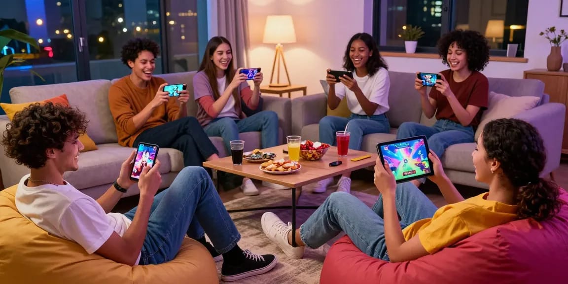 Engaged group enjoying mobile hentai games in a vibrant living room, showcasing gaming diversity and excitement.