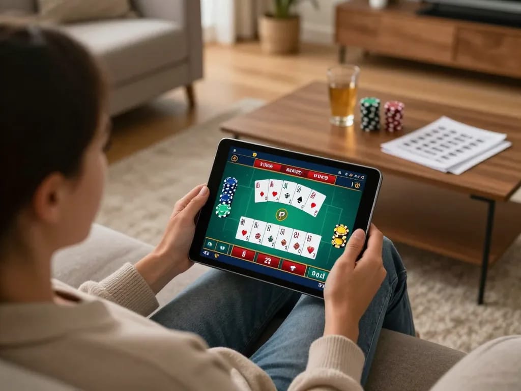 Engaging in online poker gameplay at home with tablet on https://11win.plus/, showcasing responsible gaming atmosphere.