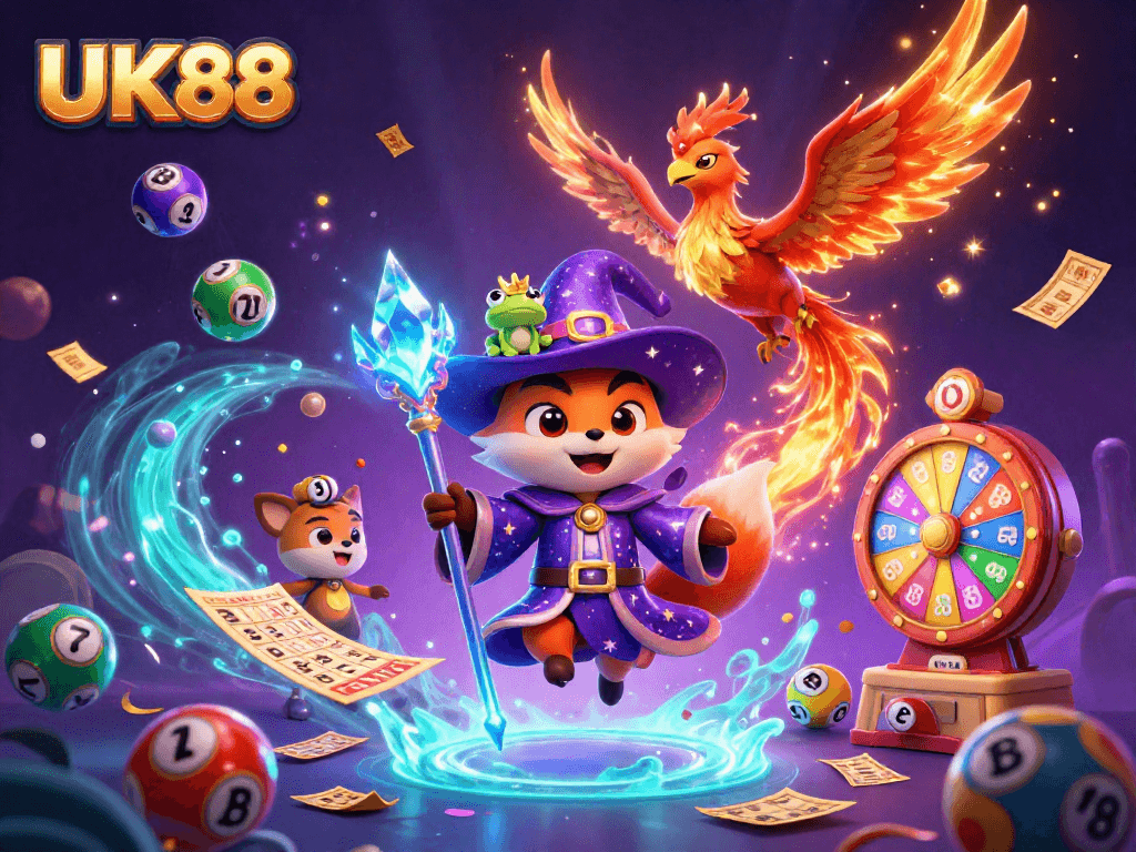 Experience the excitement at UK88 with a mystical wizard and vibrant lottery elements.