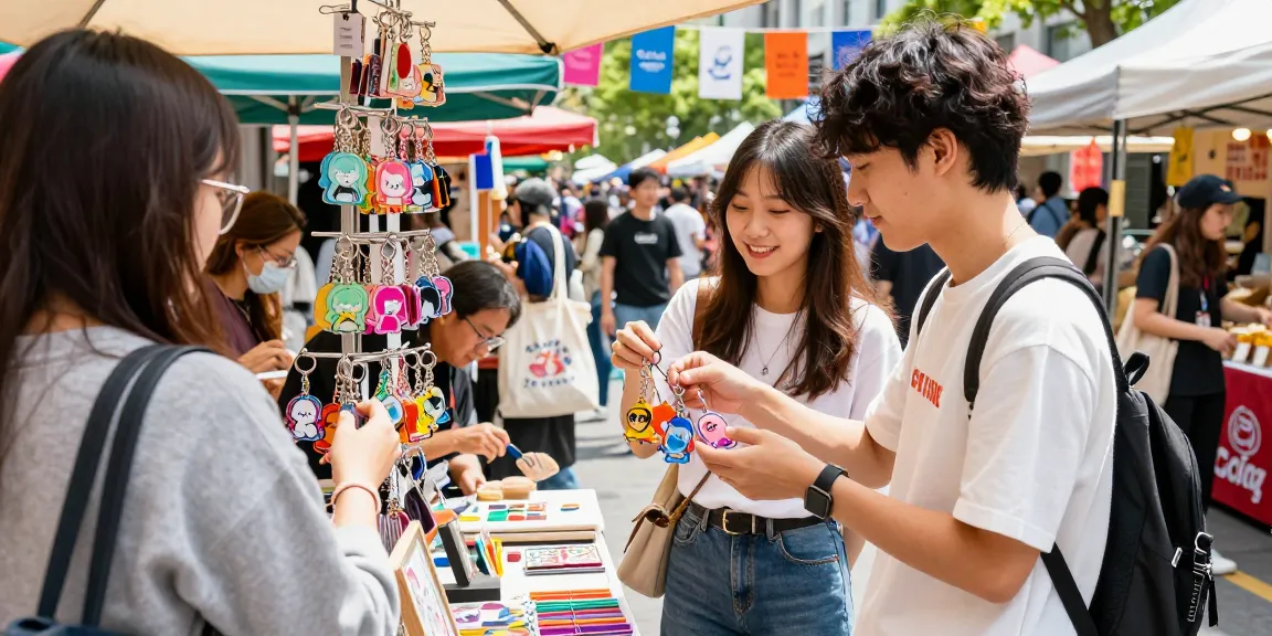 Custom keychains displayed at a bustling market, with shoppers exploring vibrant designs.