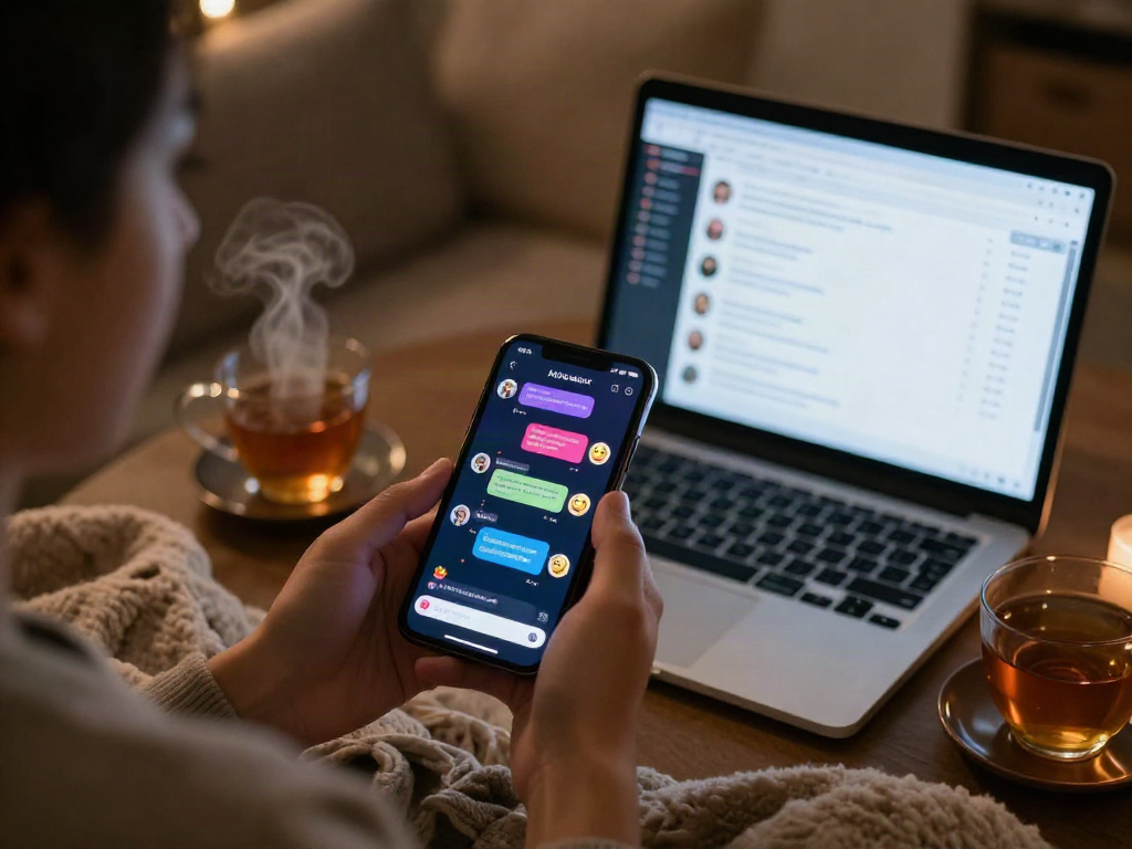 Engaging in a porn chat AI application, showcasing user interactions on a smartphone in a cozy setting.