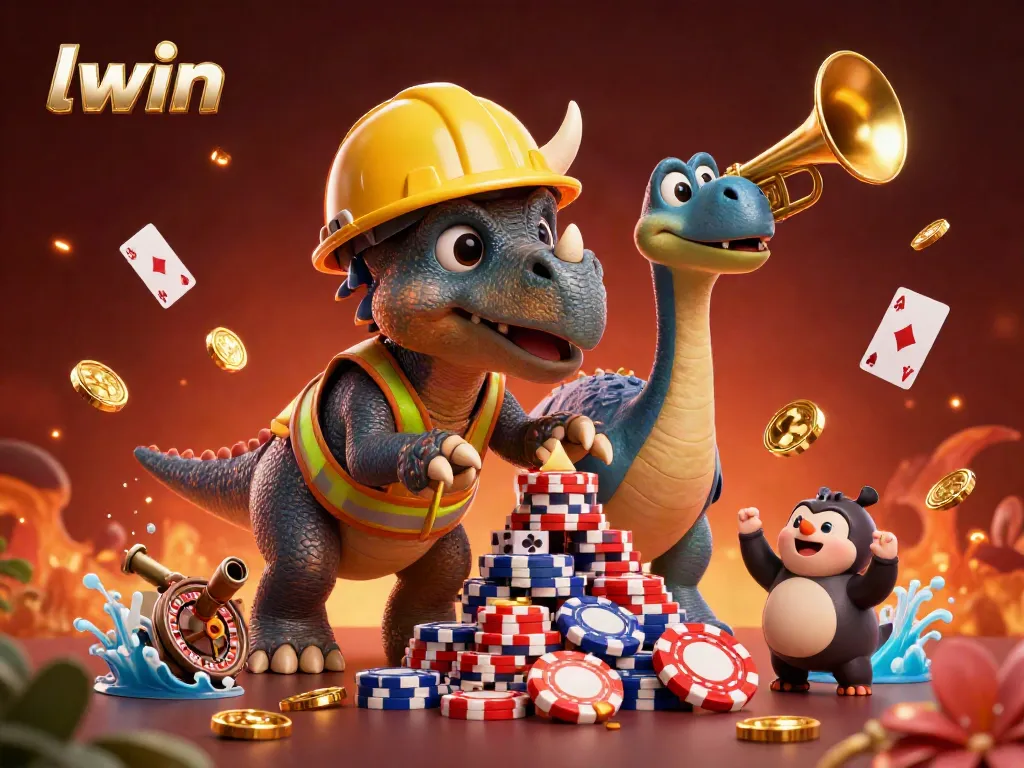 Celebrate wins at llwin with fun 3D illustration of characters surrounded by dynamic casino elements.