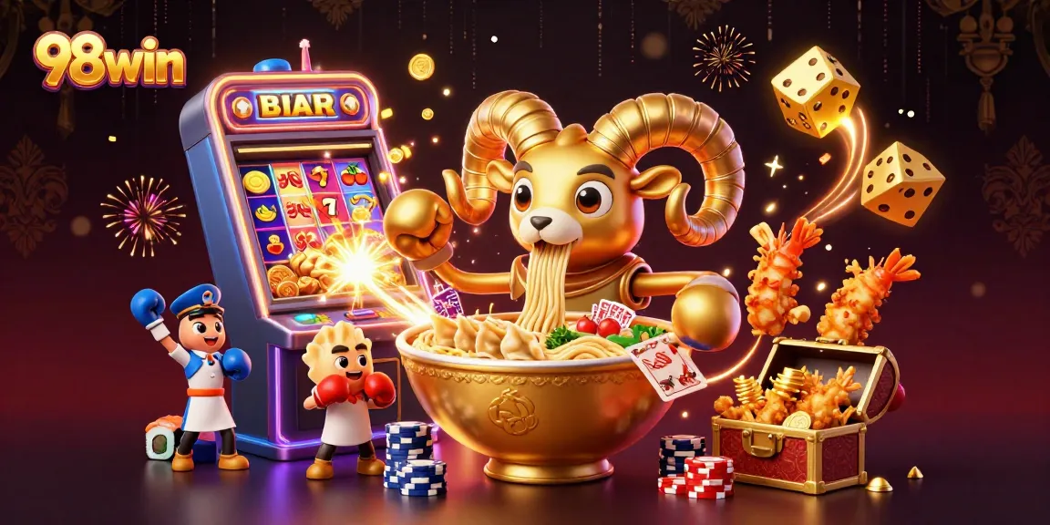 Engage with 98win's dynamic gaming experience featuring vibrant characters and exciting casino elements.