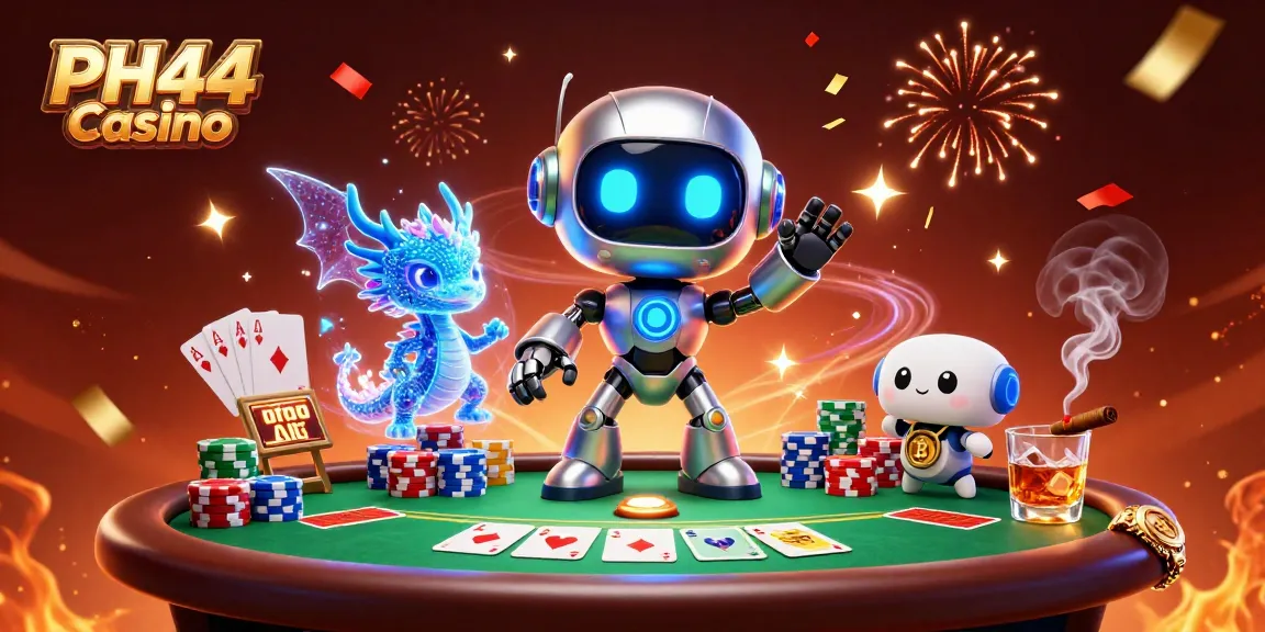Engage with the PH44 Casino experience, featuring a cartoon cyberpunk robot and poker elements