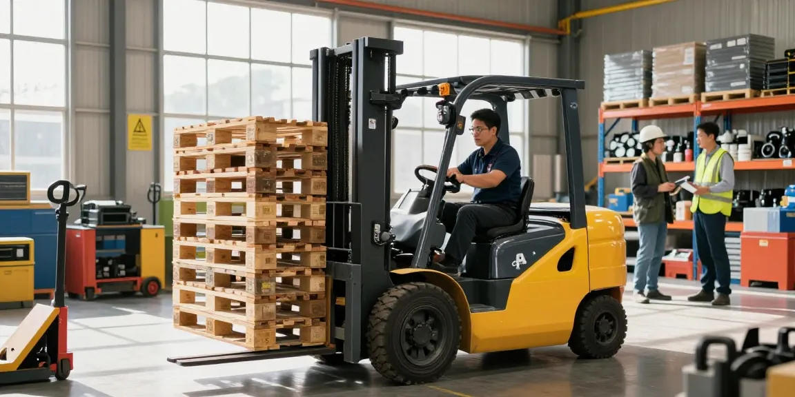 Electric forklift efficiently lifting pallets in a bright warehouse environment, showcasing modern material handling.
