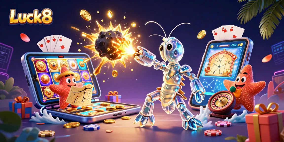 Luck8 players enjoying a dynamic slot game experience in a vibrant, immersive casino environment.