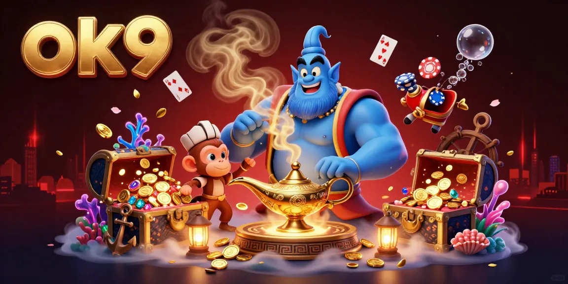 Engage in gaming at ok9 with a dynamic scene featuring a genie, monkey, and casino elements.