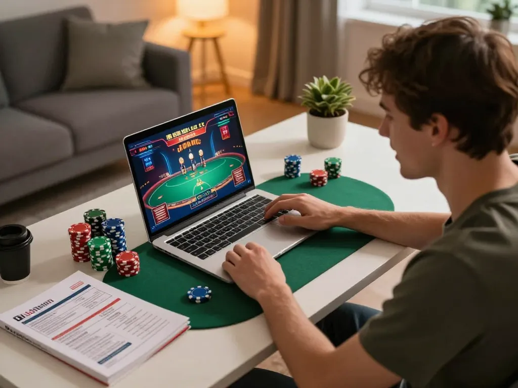Player engaged in online gaming at home, focusing on strategy while considering tt88 lừa dảo alternatives.