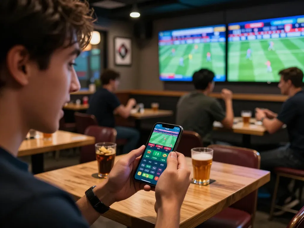 Engaging in kèo bóng đá trực tuyến betting action while watching live sports, showcasing excitement and strategic play.