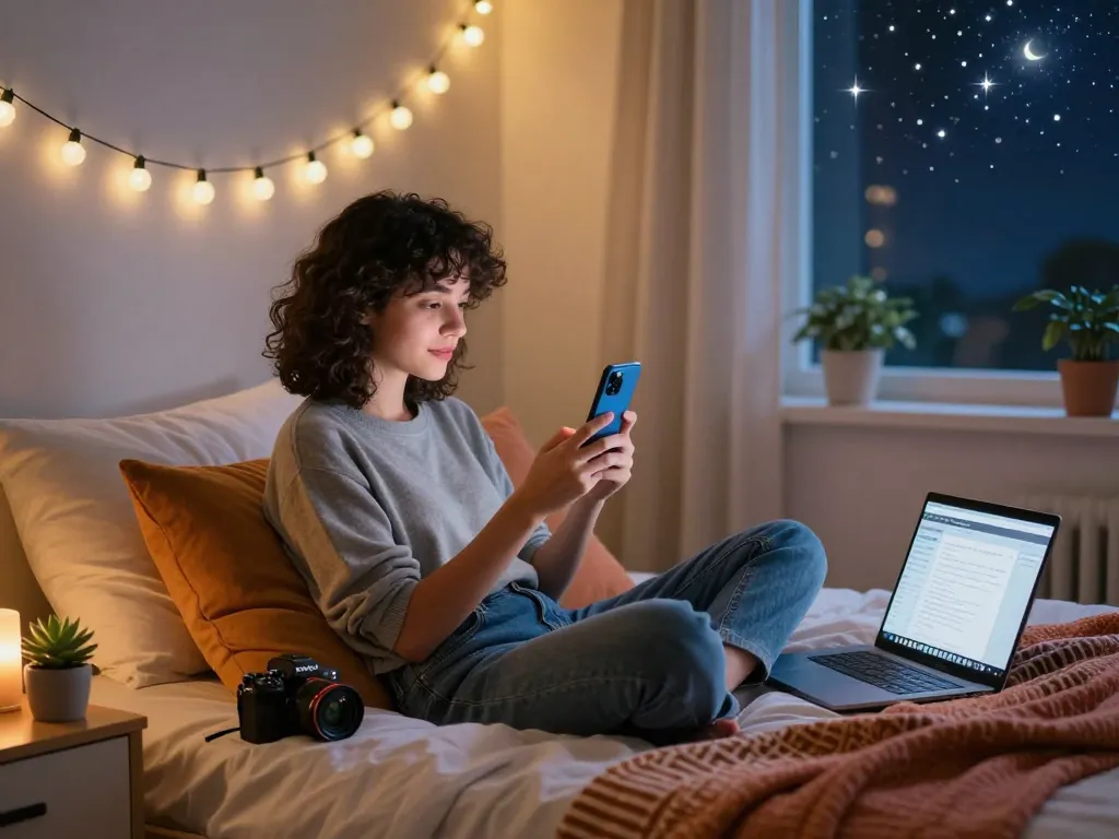Cozy setting showcasing sexting AI chat on a smartphone, ambient lighting, and personal decor for intimate connections.