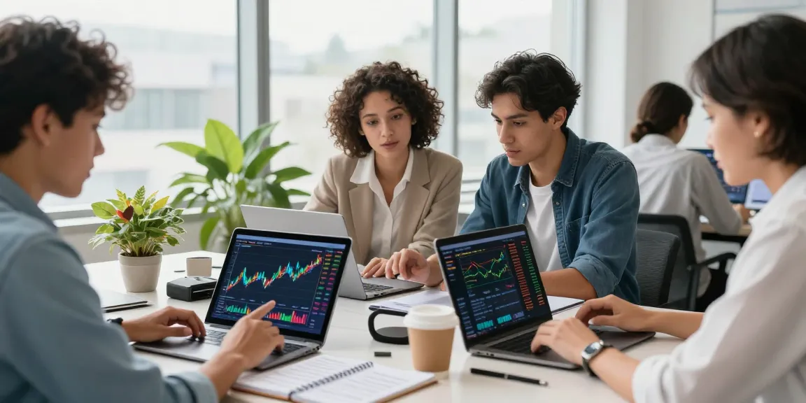 Investors discussing ETF strategies in a bright modern office setup with charts and digital devices.