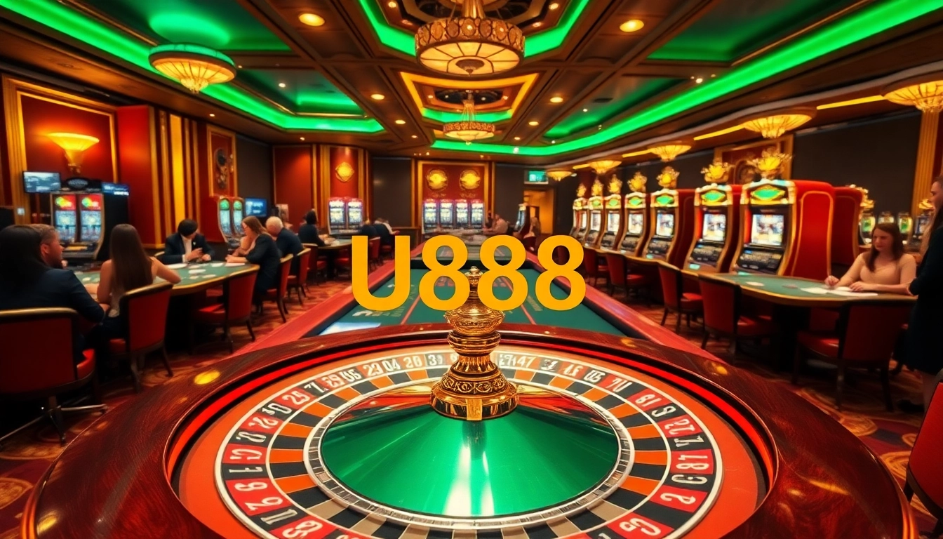 Engaging players at U888 Casino with chips, cards, and roulette wheel.