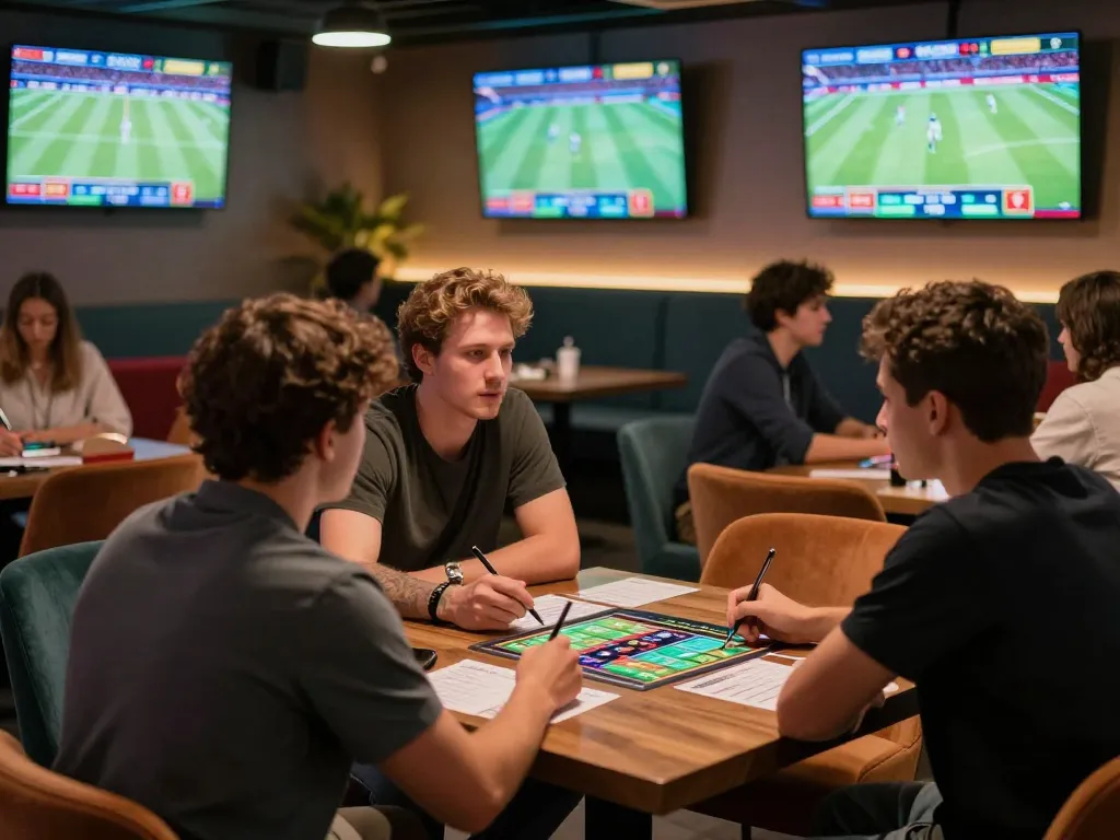 Patrons engaging in sports betting at a sleek lounge, showcasing excitement and strategies around game odds and bets placed.