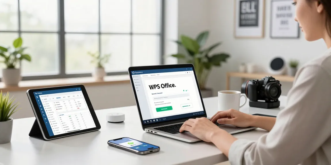 Professional user downloading WPS Download in a modern office workspace with productivity tools.