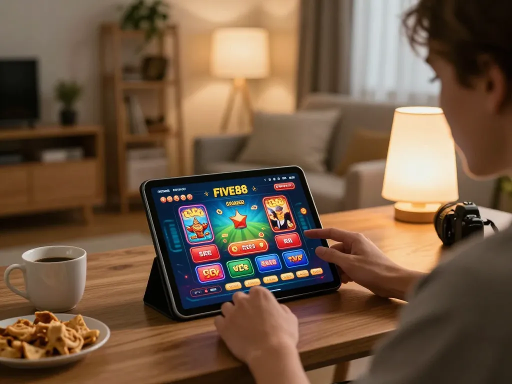 User engaging with FIVE88 link on tablet while enjoying an online casino experience in a cozy living room setting.