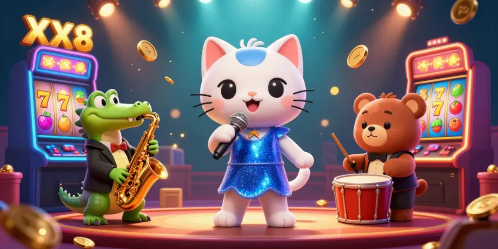 Experience the excitement of XX8 with a lively casino scene featuring a jazz-singer cat, saxophone crocodile, and drum-playing bear.
