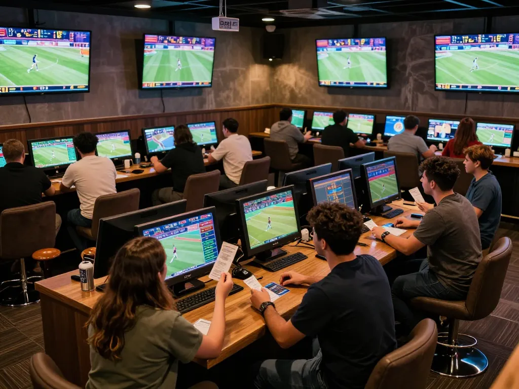 Excited patrons placing bets at lc88 com's vibrant sports betting lounge, showcasing live events