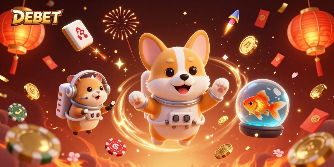 Engage with DEBET's thrilling online casino experience featuring animated characters and festive elements.
