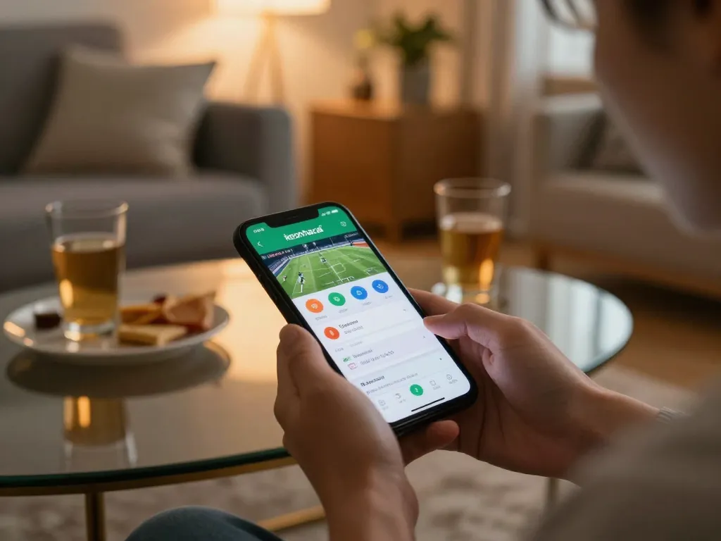 Engaging with keonhacai app during mobile sports betting, showcasing strategic gameplay in a relaxed setting