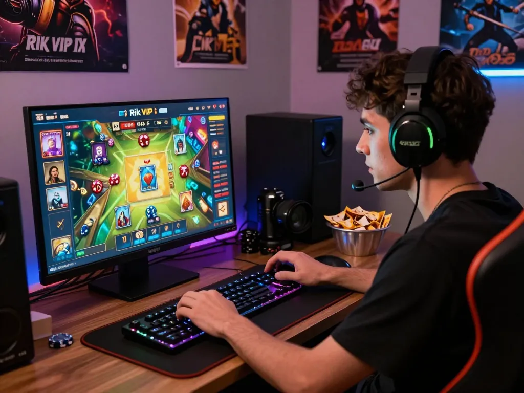 Engaged player on Rik VIP gaming platform, showcasing vibrant card game interface and modern gaming setup.