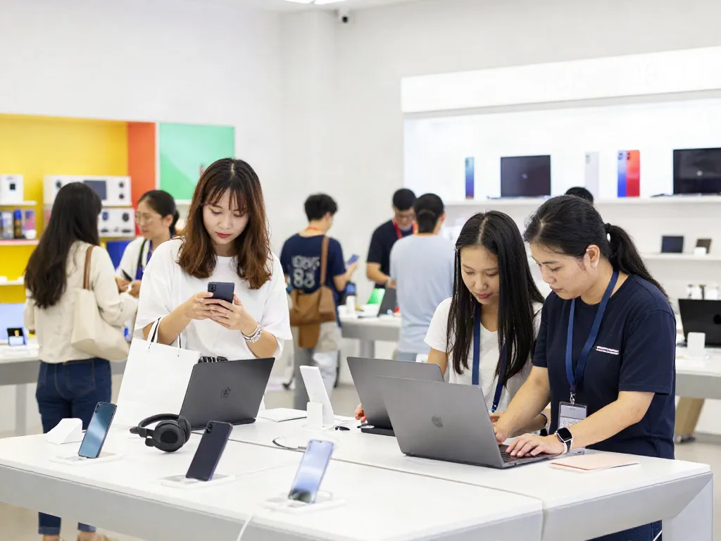 Shoppers exploring rokok 88 electronics in a modern retail store.