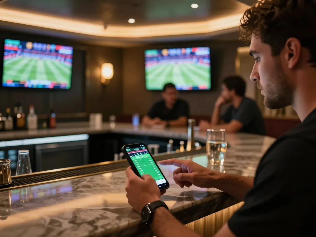 Engaged bettor exploring odds on mobile app at Oxbet Dubai's exciting sports bar.